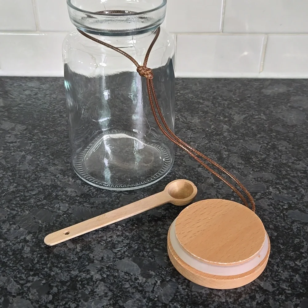 Target Brand Glass Bath Salt Jar with Wood Lid & attached Wooden Spoon